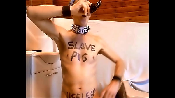 naked slave pig exposed in penis cage drill catheder in urethra, dildo in ass, cum thru catheder, BDSM CBT