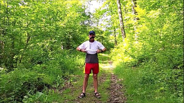 naked slave pig exposed in penis cage, outdoor striptease, hiking thru the wood, BDSM CBT