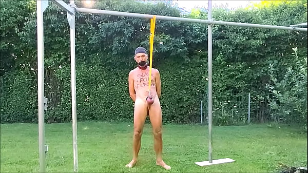 naked slave pig exposed outdoor, tied up at my testicles, humiliating body writing, BDSM CBT